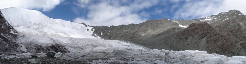 Das obere Gletscherbecken: Man quert den Gletscher in Bildmitte und steigt dann die Gerllhnge nach rechts hoch.