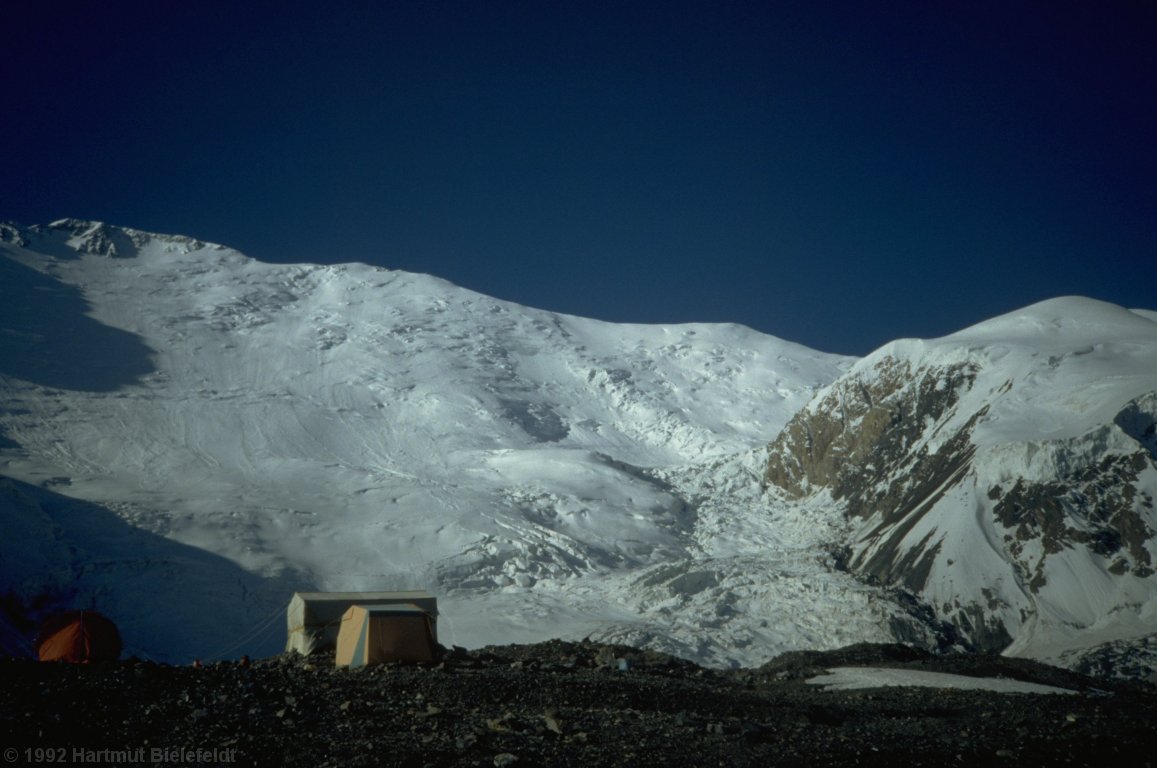 Camp 1 and the long ridge of Peak Lenin