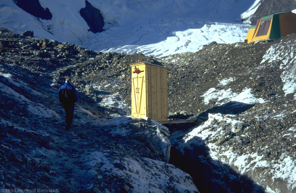 The toilet is built across a crevasse.