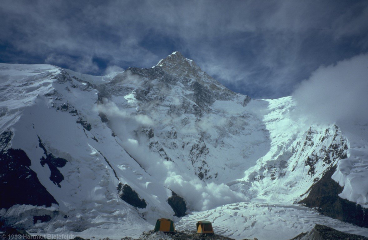After snowfall, big avalanches are running through the slopes.