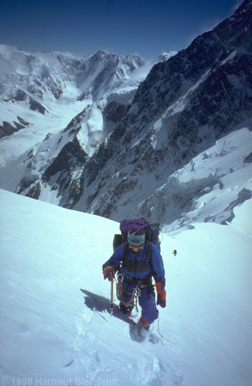 The small ascent to Peak Chapaeva is an exhausting trailbreaking exercise.