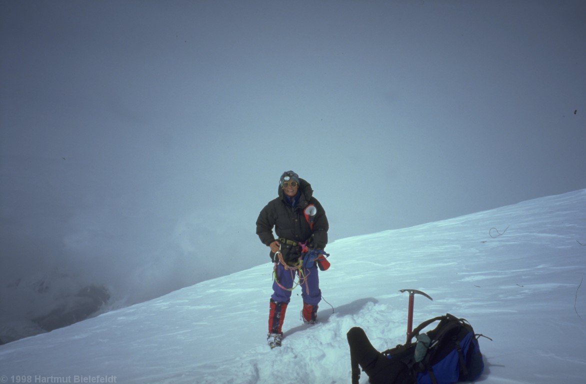 Claudia at the summit cornice, 7010 meters.