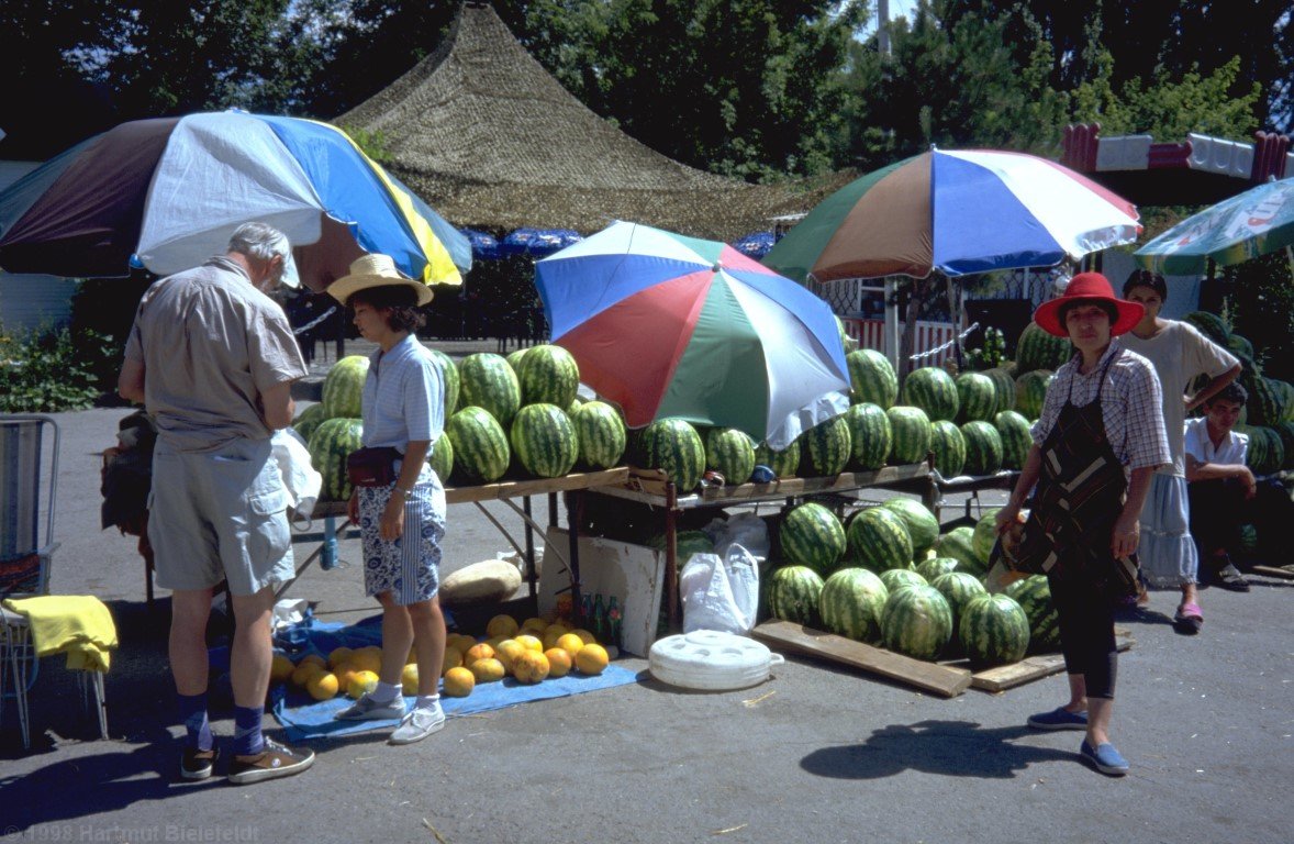 In the outskirts of Almaty, melons of any size are available.