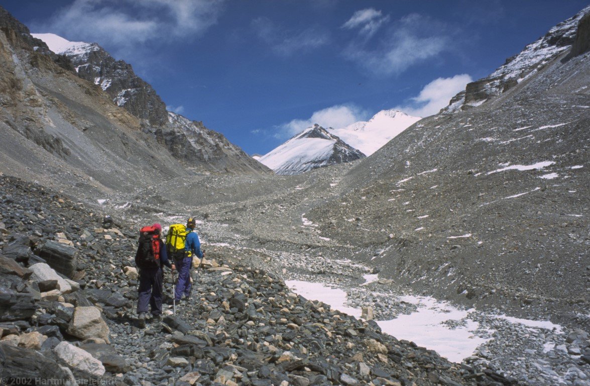 We follow the long side valley to the intermediate camp.
