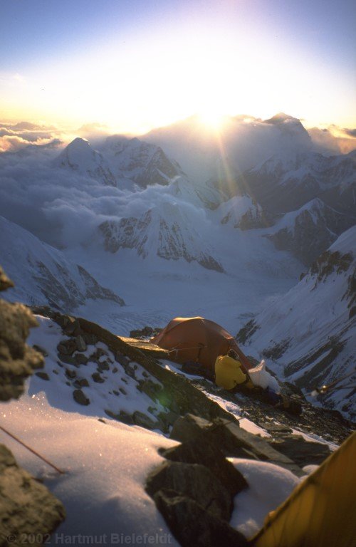 Evening in camp 2. The sun sets behind Cho Oyu.
