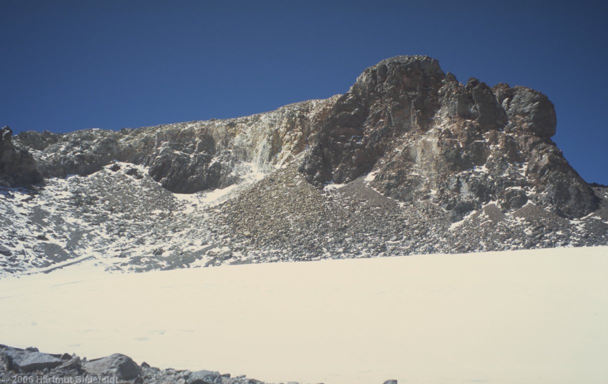 At the crater edge. The dark summit in the foreground is the Chilean, hiding the Argentine summit.